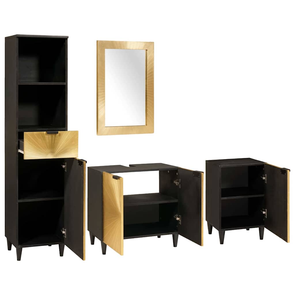 Bathroom Furniture Sets 4 pcs Black and Gold Solid mango wood